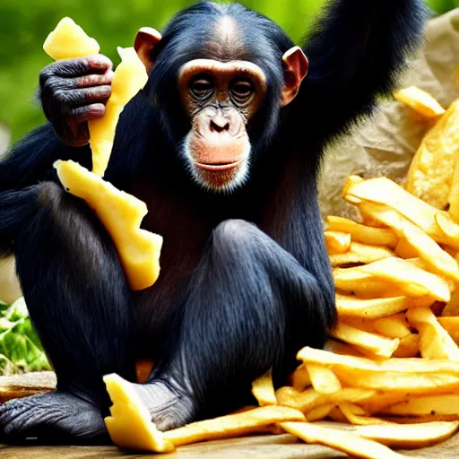 Prompt: chimpanzee with crown eating cheesy garlic chips