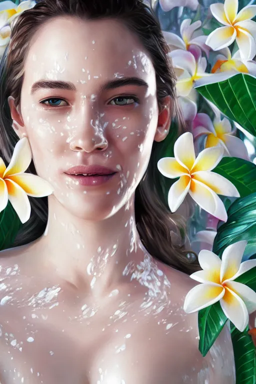 Image similar to ultra realistic illustration, portrait of smiling woman covered in white yogurt, plumeria tropical bouquet background, close up shot, fantasy, intricate, elegant, highly detailed, digital painting, artstation, concept art, smooth, sharp focus, illustration, surrealism