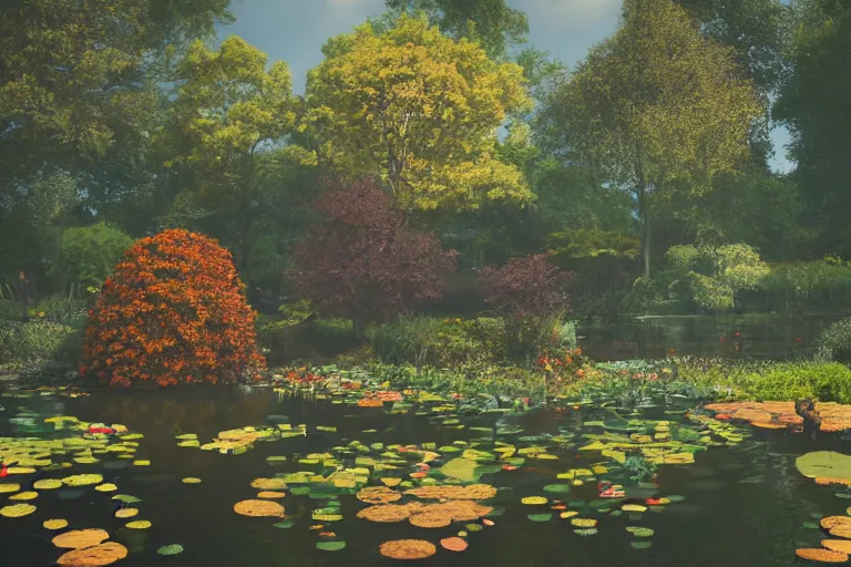 Image similar to A lovely overgrown temple in a pond full of lily pads with autumn!!! trees overhead and blue aberrant skies, trending on artstation, 4k, 8k, illustrated and reimagined by Max Hay, yellow dappled lighting, eye-level view, artstation 3d, artstation render, artstation 3d render, 3d art, unreal engine 3d, octane 3d, blender 3d, 3d landscape, photorealistic imagery, photorealistic details, intricate, highly detailed, fisheye!!! view!!!, lens distortion!!!, chromatic aberration