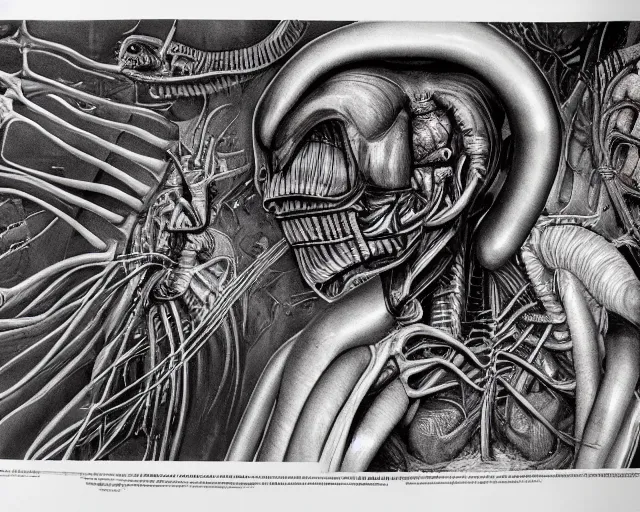 Image similar to highly detailed labeled medical anatomy poster of h. r. giger's alien, photorealistic, hyperrealistic, high resolution