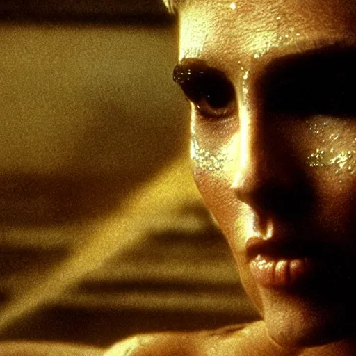 Image similar to cinematic portrait of a runaway replicant with tribal facepaint in an empty room, still from the movie bladerunner