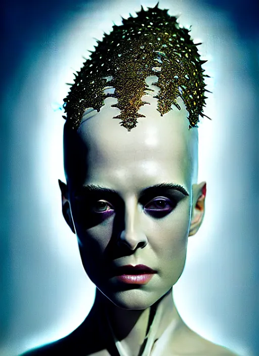 Image similar to smooth healthy skin, glowing complexion, high key lighting, portrait of kristen mcmenamy as a beautiful gentle futuristic bride of frankenstein, kintsugi, modern fine art, fractal, intricate, elegant, highly detailed, digital photography, subsurface scattering, by jheronimus bosch and greg rutkowski