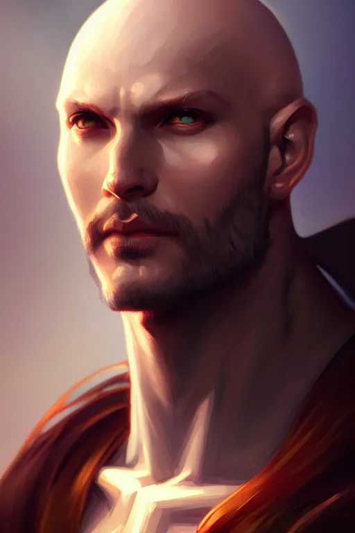 Image similar to casual male bald aasimar warlock portrait, highly detailed, digital painting, artstation, sharp focus, illustration, art by tan zi and ayanamikodon and alphonse mucha and wlop