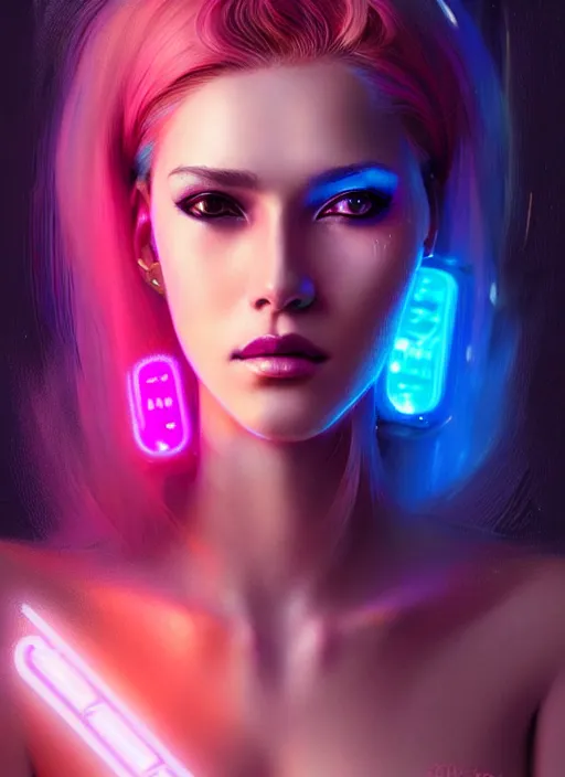 Image similar to portrait of female humanoid with dyed hair, intricate, elegant, cyber neon lights, highly detailed, digital illustration, artstation, pinterest, glamor pose, concept art, smooth, sharp focus, art by artgerm and greg rutkowski