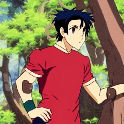 Image similar to a still of a 90s OVA anime of a man with black hair wearing a red shirt in a forest