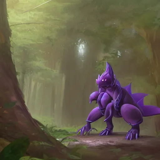 Image similar to concept art painting of an anthropomorphic purple humanoid bipedal dragon, in the deep forest, realistic, detailed, cel shaded, in the style of makoto shinkai and greg rutkowski and james gurney