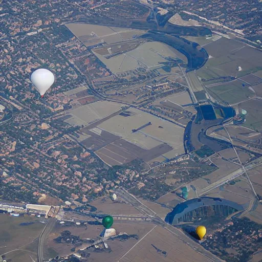 Prompt: weather balloons seen from a stratospheric skyscraper