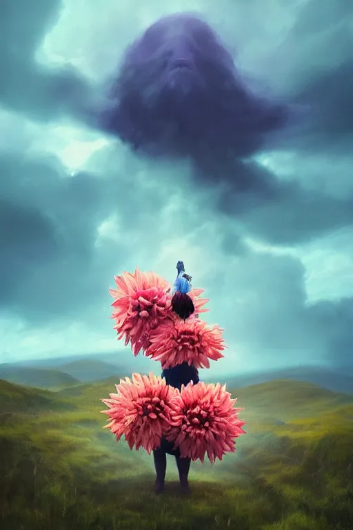 Image similar to closeup giant dahlia flower as head, girl standing on mountain, surreal photography, blue storm clouds, dramatic light, impressionist painting, digital painting, artstation, simon stalenhag