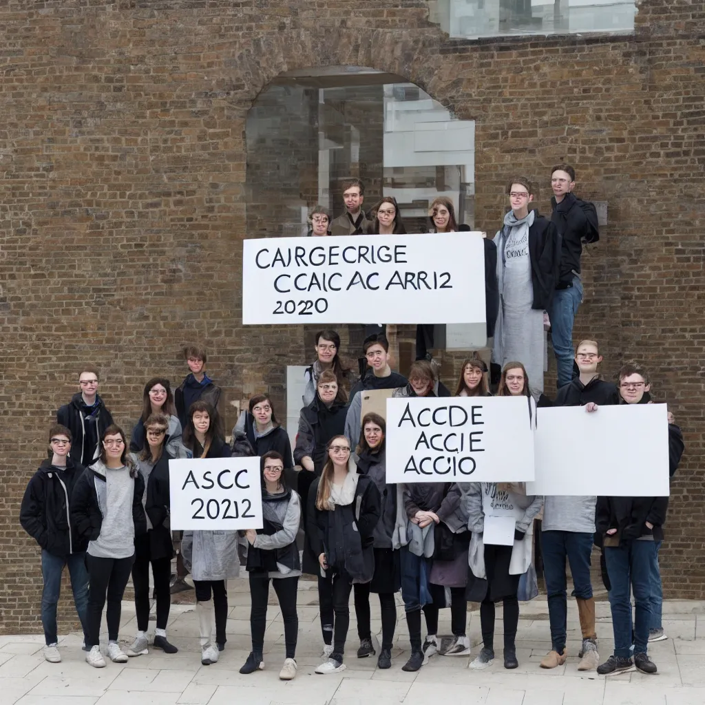 Image similar to a group of students stand in front of the cambridge architecture studio by mole architects, holding a sign with the words ARCSOC 2022–23