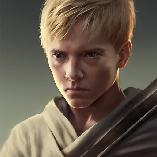 Prompt: a young blonde male jedi with short hair looking away at a threat full body shot concept art by Doug Chiang cinematic concept art, realistic painting, high definition, digital art, matte painting, symmetrical, very detailed, realistic, dramatic lighting, cinematic, establishing shot, extremely high detail, photo realistic, cinematic lighting, post processed, concept art, artstation, matte painting, red color scheme