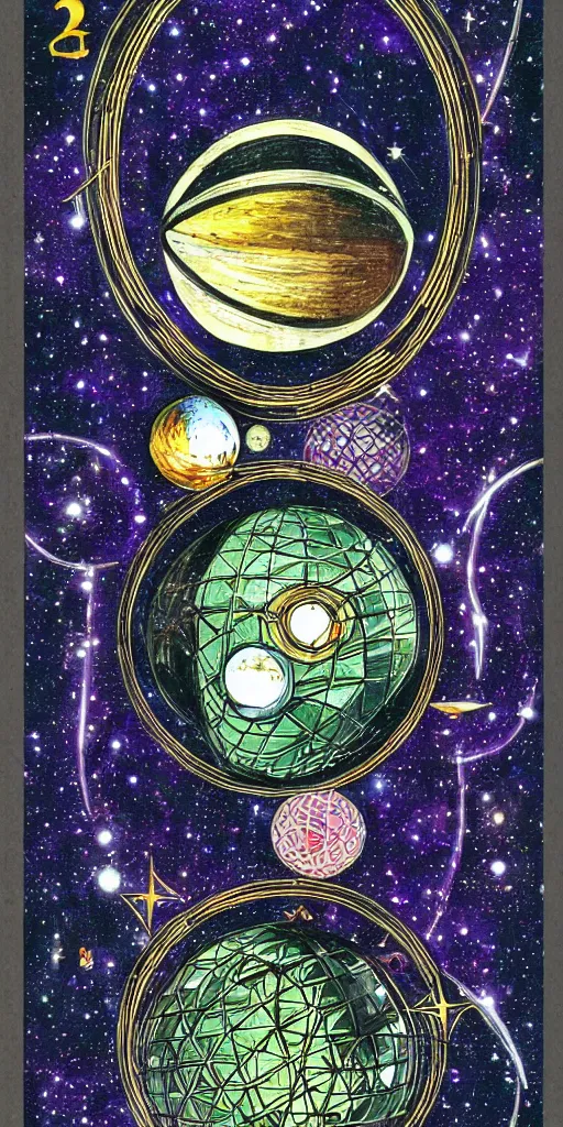 Image similar to Eight of Dyson Spheres, tarot card,