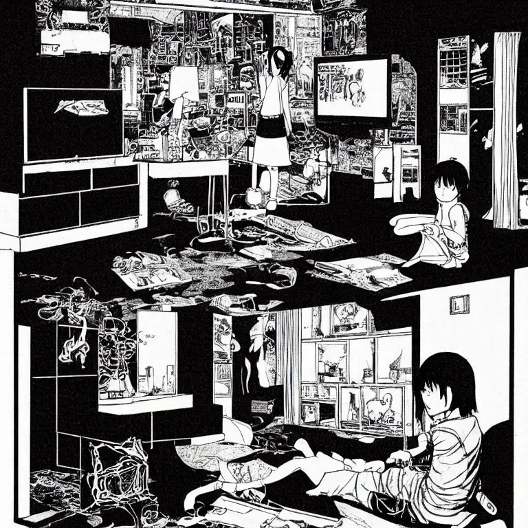 Image similar to manga illustration of teenager playing video games inside creepy 1 9 8 0's living room basement by katsuhiro otomo, kentaro miura, satoshi kon