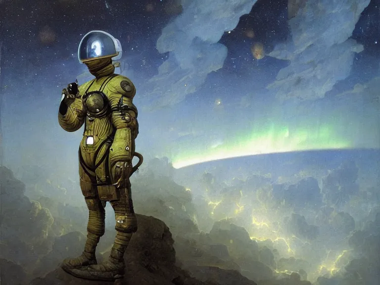 Image similar to a detailed profile oil painting of an advanced soldier in a spacesuit with reflective helmet, advanced technology flight suit, portrait symmetrical and science fiction theme with aurora lighting clouds and stars by beksinski carl spitzweg and tuomas korpi. baroque elements, full-length view. baroque element. intricate artwork by caravaggio. Trending on artstation. 8k