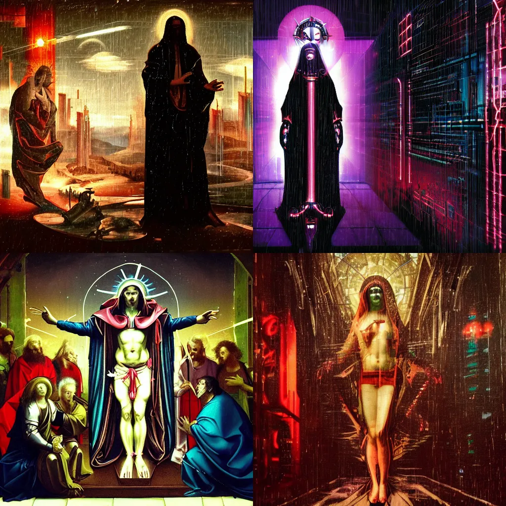 Prompt: cruxifiction of the technochrist, cyberpunk, rain, neon, holy, sacrifice, future, neo testament, video, renaissance painting