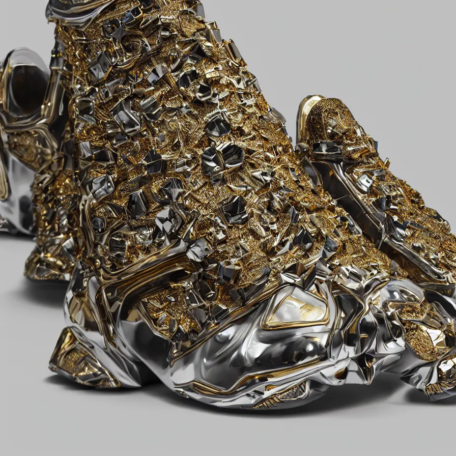 Image similar to futuristic balenciaga sneakers, nft art, highly detailed, hyper realistic, a ton of bussdown iced gold bling in wallace & gromit strata - cut claymation, ultra realistic, concept art, intricate details, serious, highly detailed, photorealistic, octane render, 8 k, unreal engine