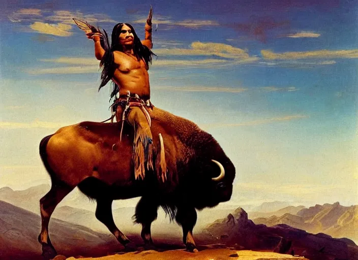 Image similar to beautiful native american riding bison, buffalo, powerful native american warrior, mountain range, beautiful sky, standing on the edge of a cliff, nineteenth century, painted by frazetta