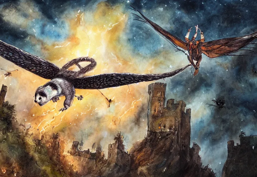 Image similar to legendary fire winged possum flying over a medieval castle under the dark starred sky, dark fantasy, watercolor, dreaming illusion, highly detailed, 4k, trending on Artstation, award-winning