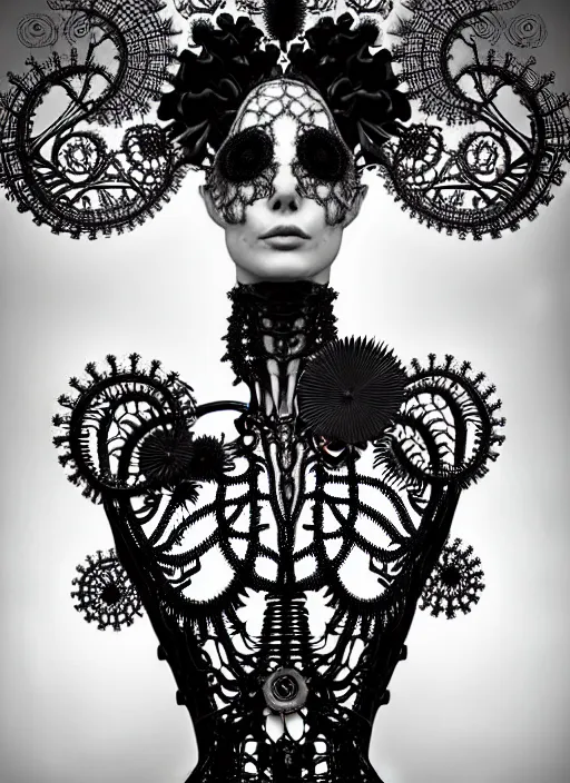 Prompt: surreal black and white photo portrait of complex bio-mechanical beautiful young female vegetal-cyborg with a Mandelbrot fractal steampunk metal fine lace face, a very long neck and a fine metal floral foliage super big lace collar by Alexander McQueen:: high fashion, haute couture, rococo, steampunk, silver filigree details, anatomical, facial muscles, cable wires, microchip, elegant, dreamy, foggy, hyper realistic, 150 mm lens, soft rim light, octane render, unreal engine, picture was taken in 1910 by Dora Maar, volumetric lighting, dramatic light,8k,