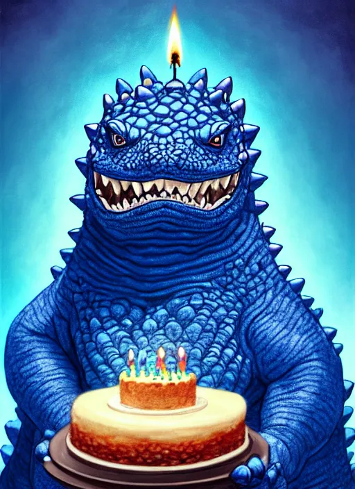 Image similar to portrait of a happy small fat blue godzilla with a birthday cake, wearing a three coloured cap with a propeller on top, intricate, elegant, candle light, highly detailed, digital painting, artstation, concept art, smooth, sharp focus, illustration, art by wlop, mars ravelo and greg rutkowski