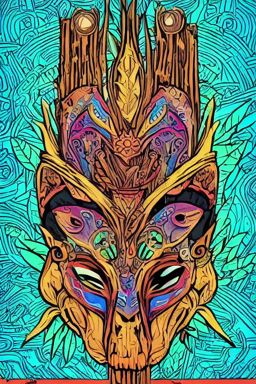 Image similar to animal mask totem roots flower tribal feather gemstone plant wood rock shaman vodoo video game vector cutout illustration vivid multicolor borderlands comics by josan gonzales and dan mumford radiating a glowing aura