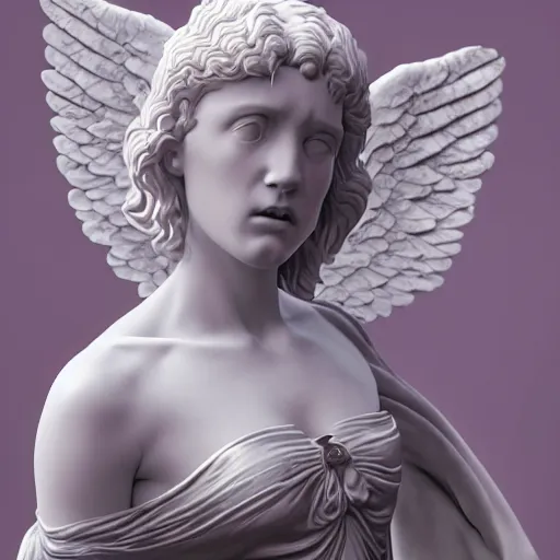 Prompt: high quality smooth render of statue of angel, made of white marble with gold veins, on the dark magenta background, hyper realistic, hyper detailed, by johannen voss, by peter kemp, by monia merlo, by michelangelo, octane render, vivid colors