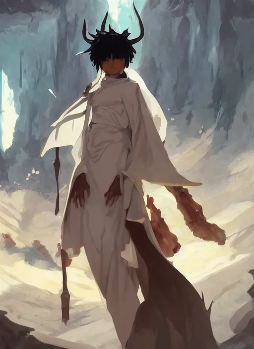 Image similar to concept art painting of a person with brown skin and short white hair, demon horns, white freckles, full clothing, blue robes, detailed, cel shaded, in the style of ruan jia and artgerm and makoto shinkai and james gurney