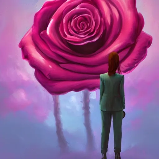 Image similar to closeup, huge rose flower face, frontal, girl in suit, surreal photography, sunrise, dramatic light, impressionist painting, digital painting, artstation, simon stalenhag