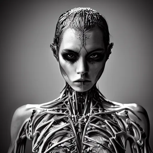 Image similar to a female model by chacarcter creator, photorealistic, biomechanical, intricate details, hyper realistic, canon r 3, photography, wide shot, photography, photorealistic, canon r 3, photography, wide shot, photography, dark beauty, symmetrical features