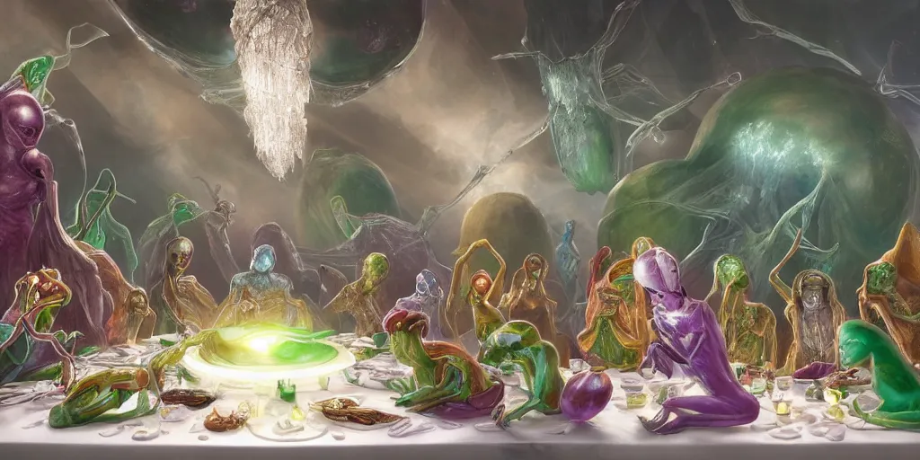 Image similar to !13 very diverse aliens enjoying a rich salad around a marble table, !positioned as last supper cinematic lighting, crystals and diamonds, emeralds, idilic, fantasy, surreal, floating, highly detalied, 4k, artstation, by Wayne Barlowe