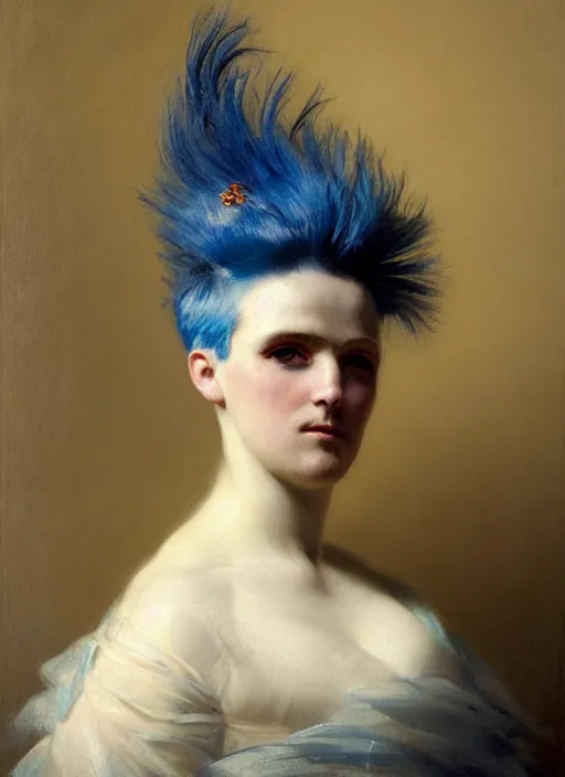 Prompt: a detailed portrait of old woamn with a extravagant mohawk by edouard bisson, blue hair, punk rock, oil painting, muted colours, soft lighting