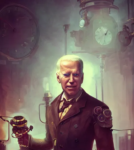 Image similar to portrait of steampunk joe biden cosplaying, by wlop, by simon stalengrad, by ilya repin, bioshock screenshot, photorealistic fan art, detailed shading, intricate abstract, steampunk