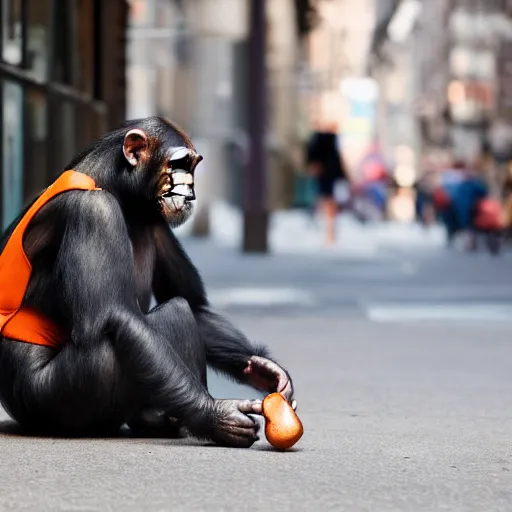 Image similar to a chimpanzee picking up pennies on a street in manhattan, depth of field, breathtaking, detailed and intricate environment, 8 k resolution, hyperrealistic