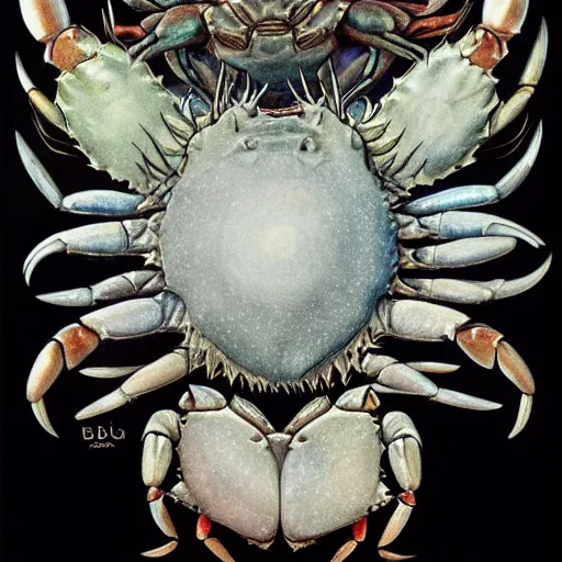 Prompt: detailed and sharp portrait of crab zodiac artwork, mystic style, detailed, 8 k, detailed, symmetrical, by brian froud