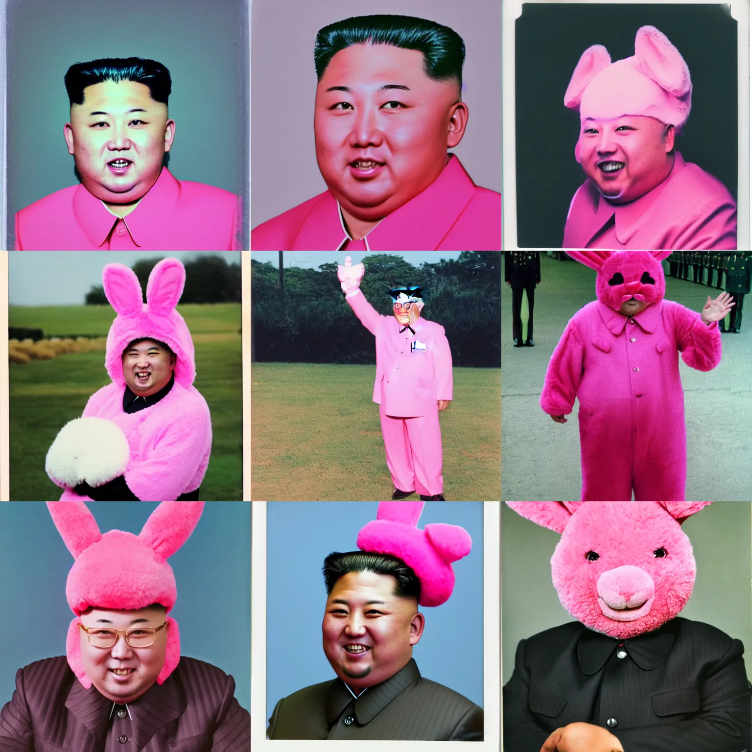 Prompt: Kim Jong-Un, looking smug, wearing a pink rabbit costume, polaroid photograph, 4k