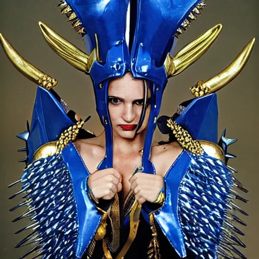 Image similar to a woman in elaborate blue and gold armor with spiked horns on her helmet, cosplay, photoshoot, photograph by Bruce Weber