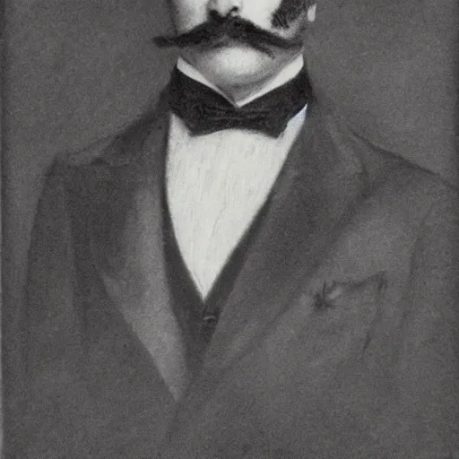 Image similar to portrait of an action hero, suit, bow tie, mustache, by alfred stevens in charcoal