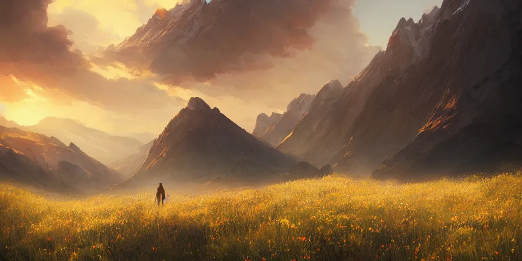 Image similar to everyday we drift further from reality, first light, mountains, meadow, wildflowers, clouds, dramatic lighting, sunrise, by greg rutkowski and jeffrey smith, trending on artstation