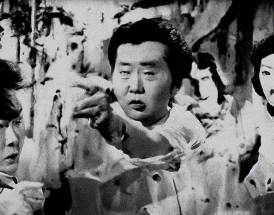 Image similar to a filmstill of pulgasari, kaiju starfish, monster movie, korean film noir, 1 9 5 0 s thriller, kim jong - il, in the style of suspiria ( 1 9 7 7 )