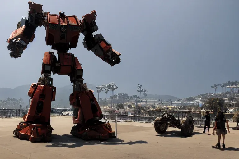 Image similar to cinematography of giant Mech on Santa Monica peer By Emmanuel Lubezki