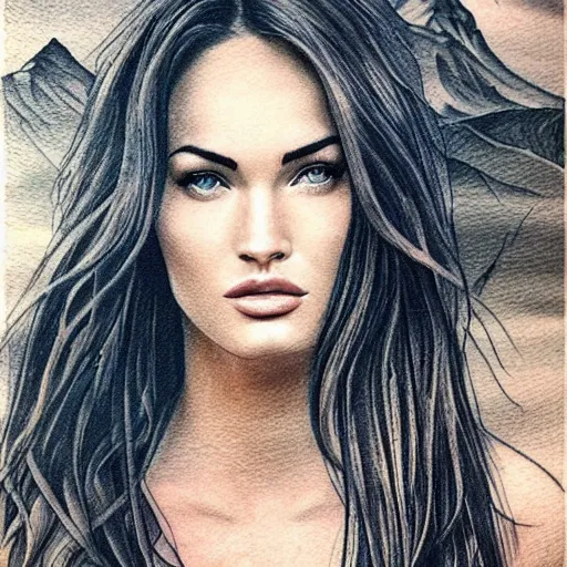 Prompt: realism tattoo sketch of double exposure megan fox and beautiful mountain scenery, in the style of andrey lukovnikov