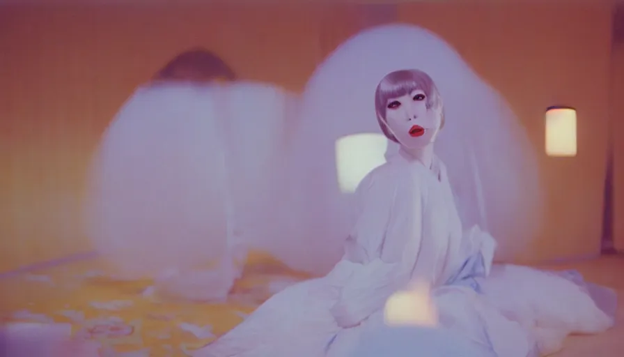 Image similar to 60s movie still of a white female japanese phantom in a yellow ballroom with light blue beds, cinestill 800t 35mm technicolor, heavy grain, high quality, higly detailed, liminal space style