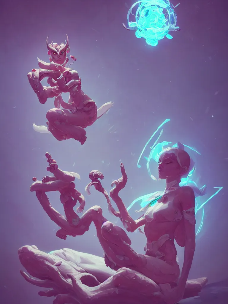 Image similar to a tiny cute demon floating while meditating and wrapped in sacred scrolls, smooth, intricate, elegant, digital painting, artstation, power runes, pulsing energy, concept art, sharp focus, octane render, illustration, art by josan gonzalez, overwatch character,