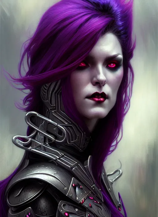 Image similar to character concept portrait of a vampire in bionic armor with purple hair, strong, intricate, elegant, intense, stoic, highly detailed, digital painting, artstation, concept art, symmetry, smooth, sharp focus, illustration, black and red, art by gaston bussiere and alphone mucha