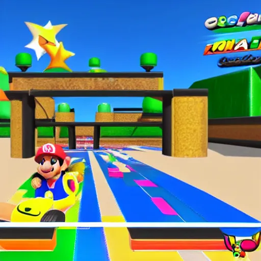 Prompt: A Mario Kart Double Dash Custom Track on princess peach beach volleyball course. gamecube graphics.