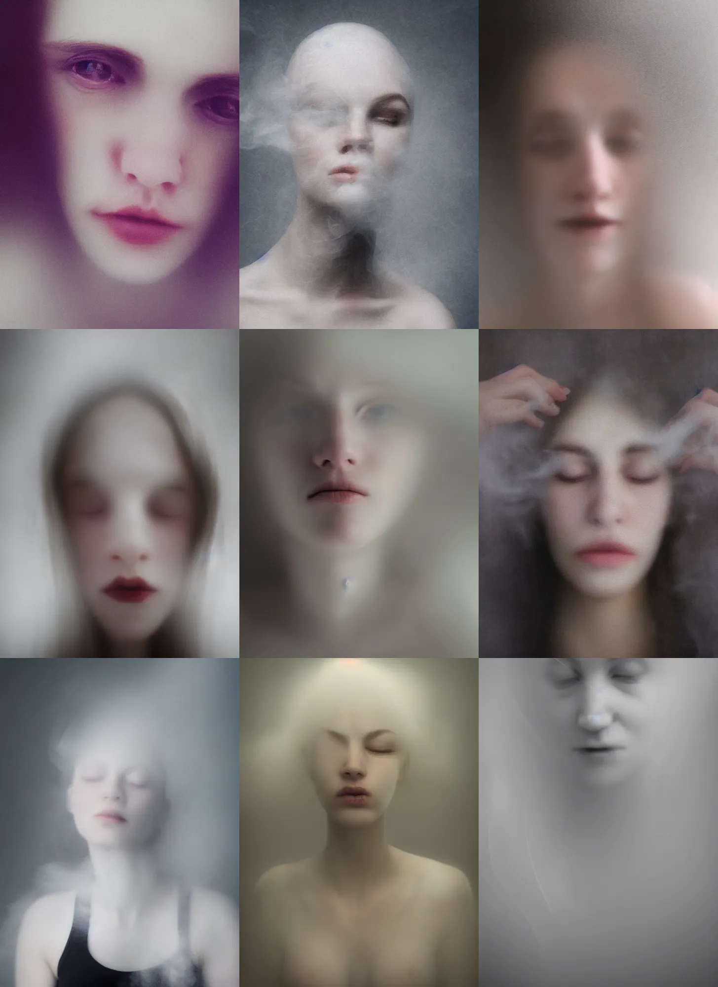 Prompt: out of focus white smoke, out of focus photorealistic portrait of an ugly pale woman by gueorgui pinkhassov, very blurry, translucent white skin, closed eyes, foggy