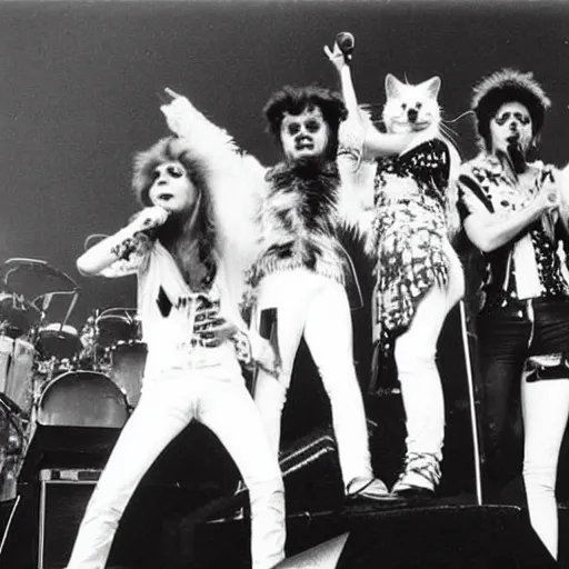 Prompt: concert photo of a rock band of cat, 80s, performing on stage