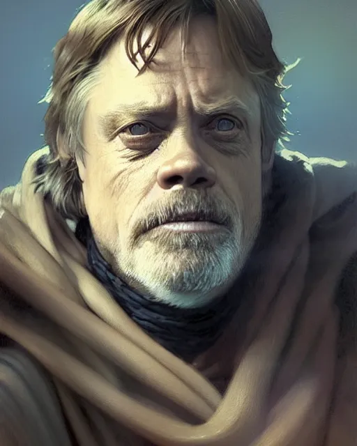 Image similar to mark hamill as a grizzled emanciated drunk jedi knight. fantasy science fiction art by greg rutkowski, gustave courbet, rosa bonheur, edward hopper. faithfully depicted facial expression, perfect anatomy, sharp focus, global illumination, radiant light, detailed and intricate environment, trending on artstation