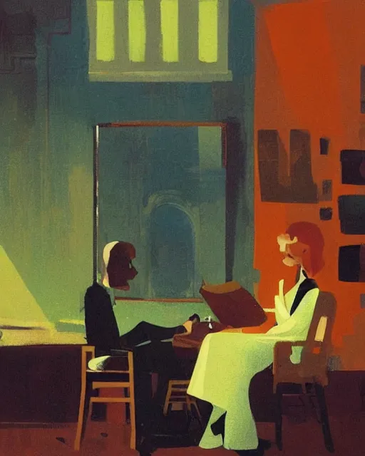 Image similar to a man and a woman sitting at a table, a screenshot roman muradov and paul lehr and dan mumford, trending on pinterest, barbizon school, movie still, hall of mirrors, filmic