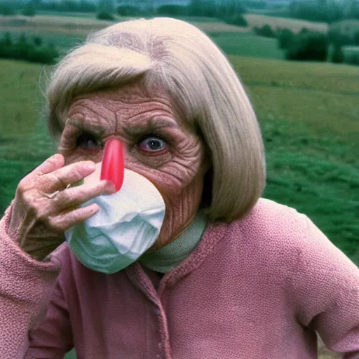 Image similar to middle-agedwoman wearing an inflatable nose, with extra eyeballs, in the countryside 1979 arthouse film, archival footage, technicolor film expired film