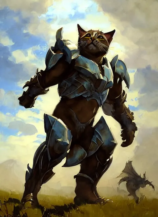 Prompt: Greg Manchess painting of a Cat Charr from Guild Wars 2 wearing Forerunner Armor from Halo, countryside, calm, fantasy character portrait, dynamic pose, above view, sunny day, artwork by Jeremy Lipkin and Giuseppe Dangelico Pino and Michael Garmash and Rob Rey, very coherent asymmetrical artwork, sharp edges, perfect face, simple form, 100mm